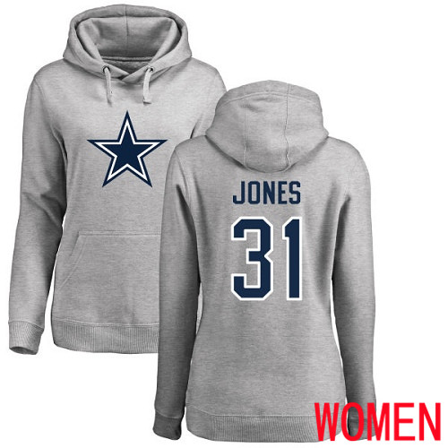 Women Dallas Cowboys Ash Byron Jones Name and Number Logo #31 Pullover NFL Hoodie Sweatshirts->women nfl jersey->Women Jersey